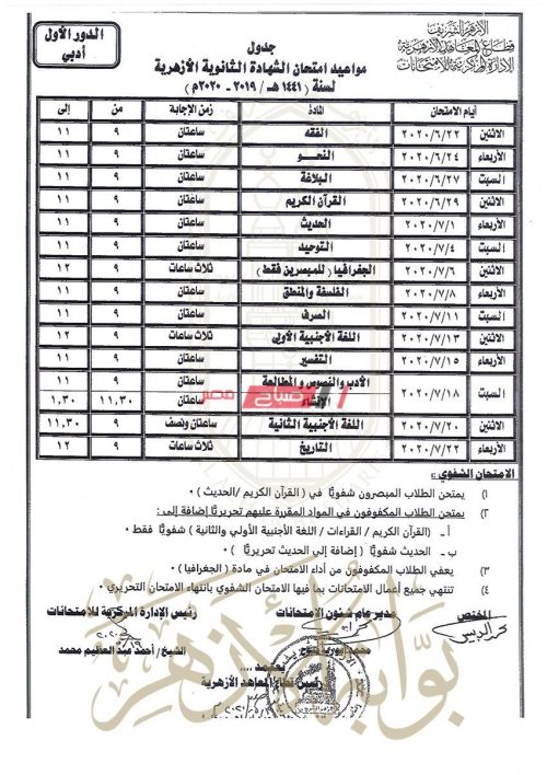 جدول امتحانات الثانوية الأزهرية الجديد بعد تأجيلها2 e15900681564921685790304