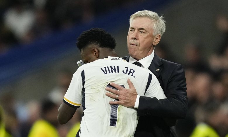 1444x920 real madrid s vinicius junior celebrates with real madrid s head coach carlo ancelotti right afte the santiago bernabeu stadium in madrid spain saturday nov 11 2023 ap photo jose breton xpag136 23315775878795 23111122361723573864