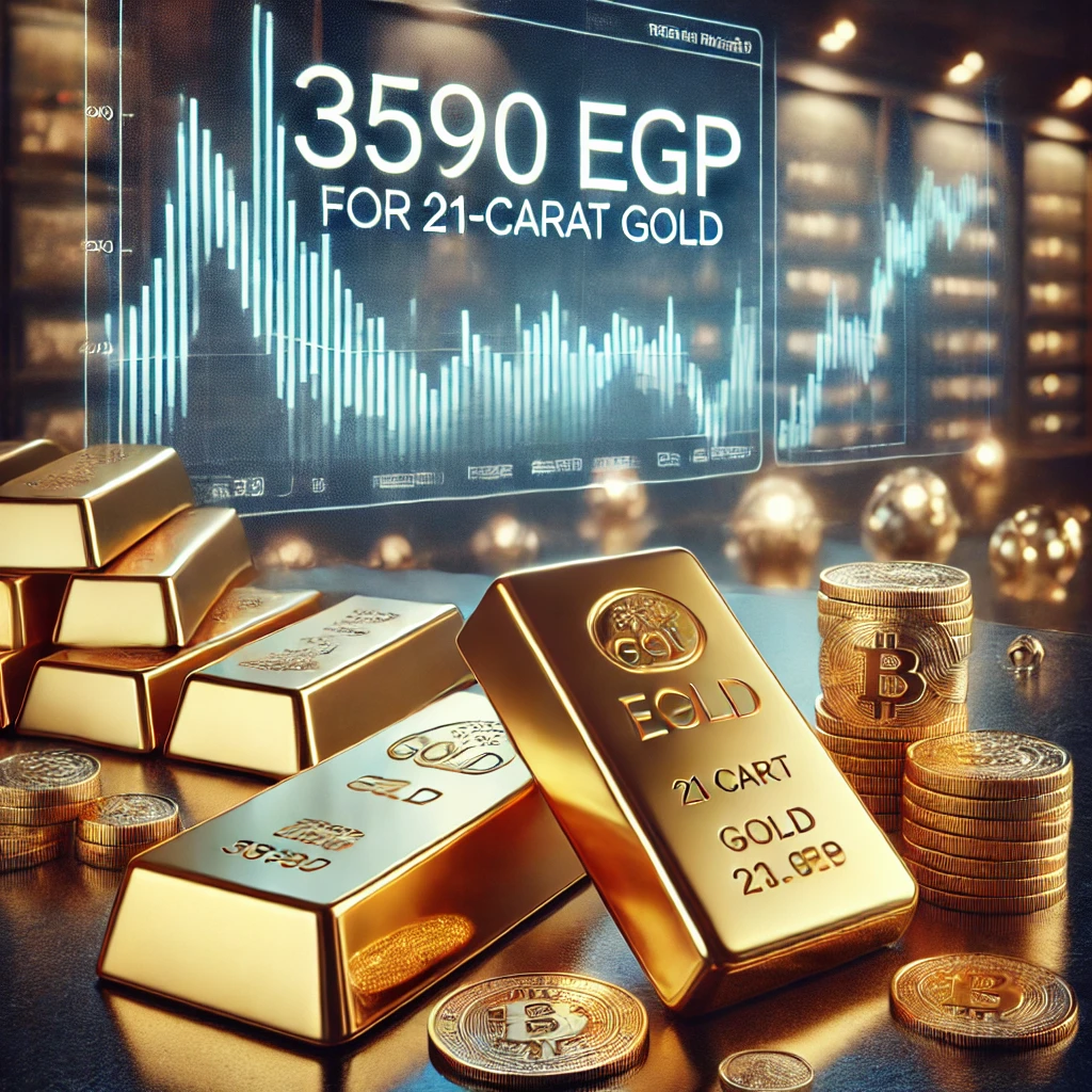 DALL·E 2024 09 28 03.08.25 A visually striking image of gold bars and coins with a price tag showing 3590 EGP for 21 carat gold. The background includes a jewelry store setting