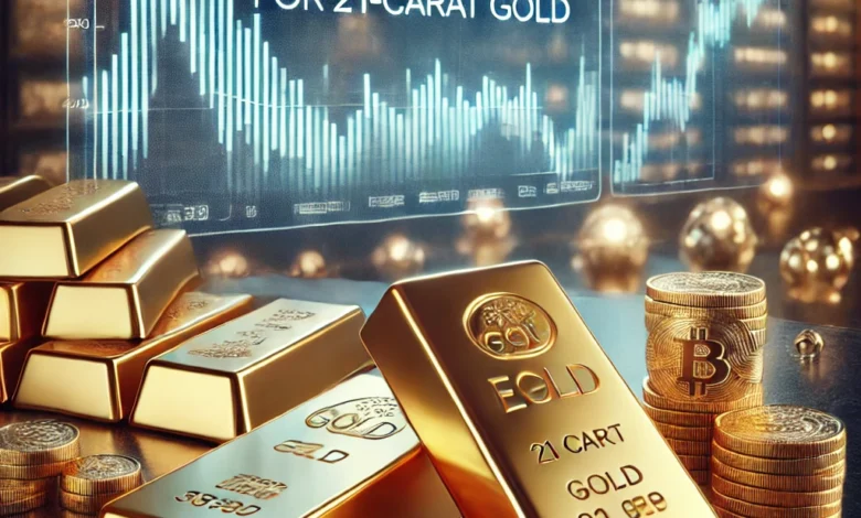 DALL·E 2024 09 28 03.08.25 A visually striking image of gold bars and coins with a price tag showing 3590 EGP for 21 carat gold. The background includes a jewelry store setting